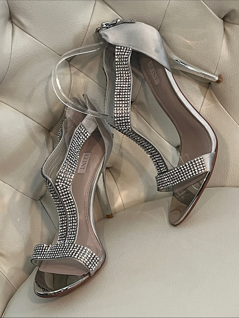 Glint Silver Rhinestone Crystal-Embellished Strap Heels Size 8.5